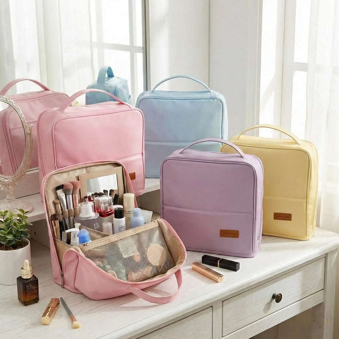 A beautiful vanity setup featuring the Sunday Status travel makeup bag collection in pastel pink, light blue, purple, and yellow.