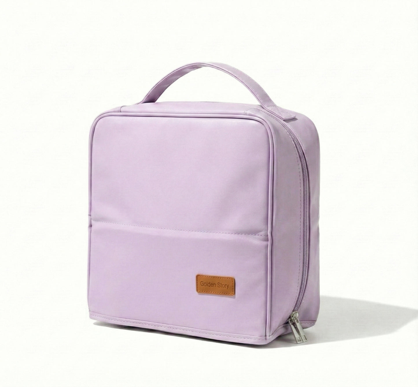 Front view of the pastel purple Sunday Status stand-up travel makeup bag on a clean white background, featuring its upright structured design, sturdy top handle, and smooth double zippers