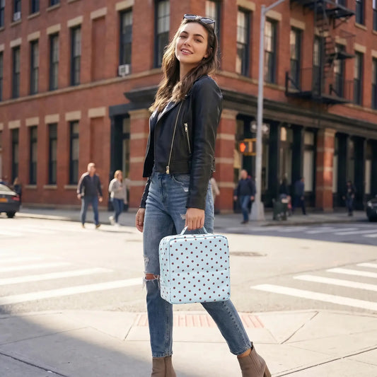 Traveler carrying a Sky Blue Artist Vanity makeup bag on a city street