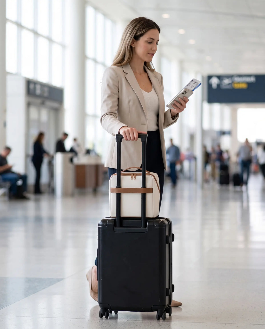 Frequent flyer with a Moonlight Essential Vanity attached to rolling luggage