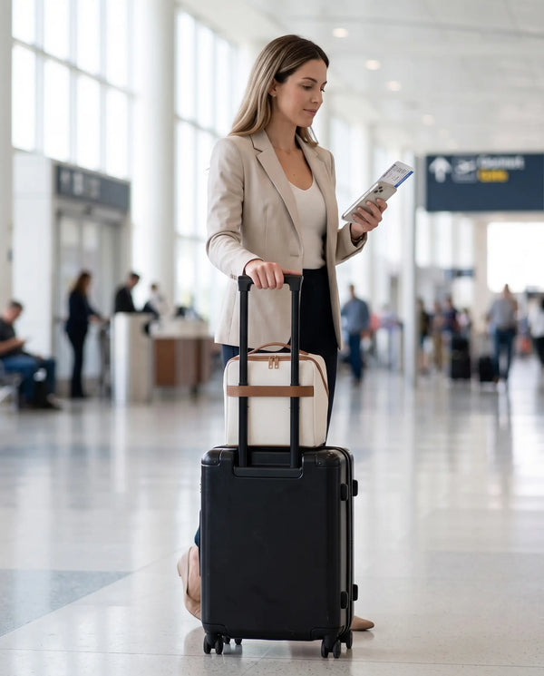 Frequent flyer with a Moonlight Essential Vanity attached to rolling luggage