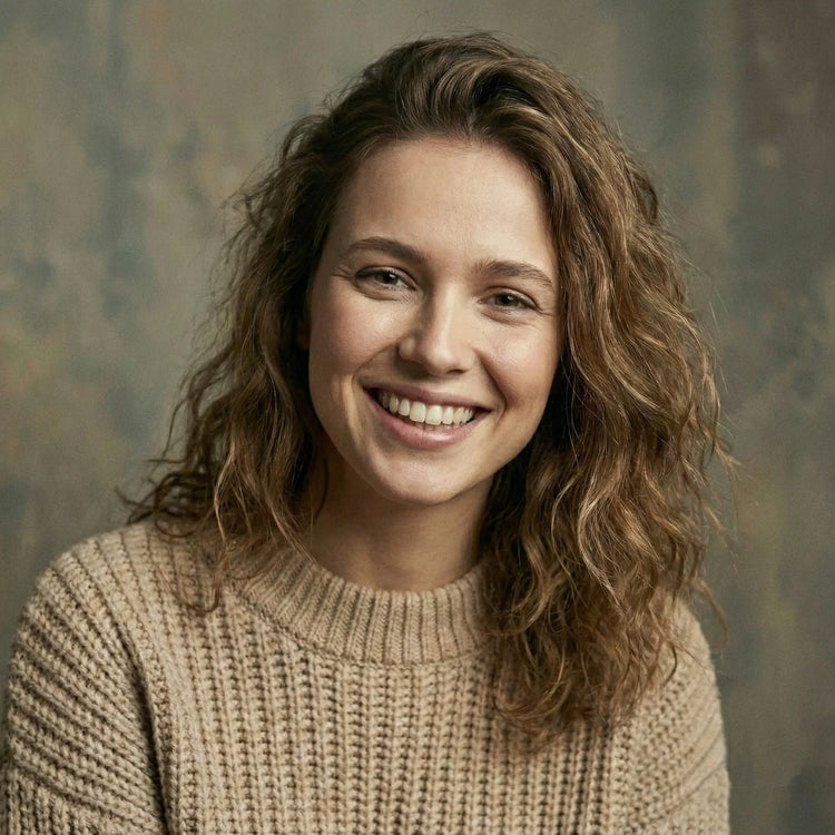 A close-up portrait of a woman with a bright, confident smile, representing the joy of an organized beauty routine. She is wearing a cozy tan knit sweater against a neutral textured background, mirroring the aesthetic of the Sunday Status brand