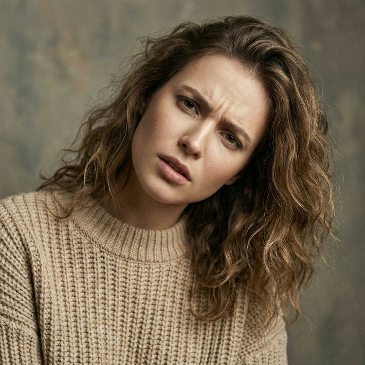 A close-up portrait of a woman with a confused and frustrated expression, representing the common struggle of disorganized beauty routines. She is wearing a cozy tan knit sweater against a neutral textured background