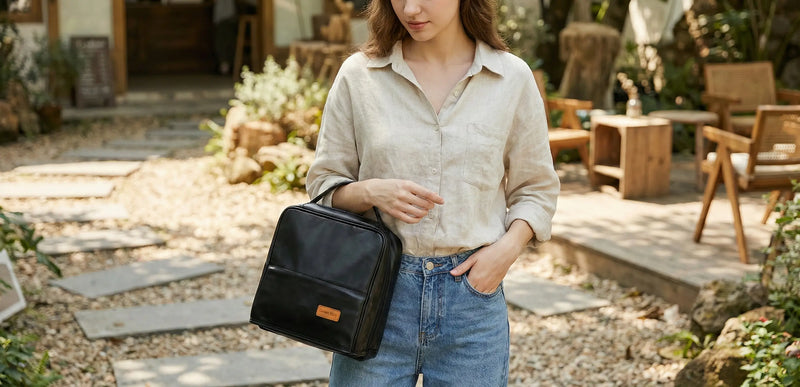 A young woman in a beige linen shirt and blue jeans walking through a sunlit garden cafe, carrying a black Sunday Status stand-up travel makeup bag. The image emphasizes the bag's versatile style for casual weekend outings and travel
