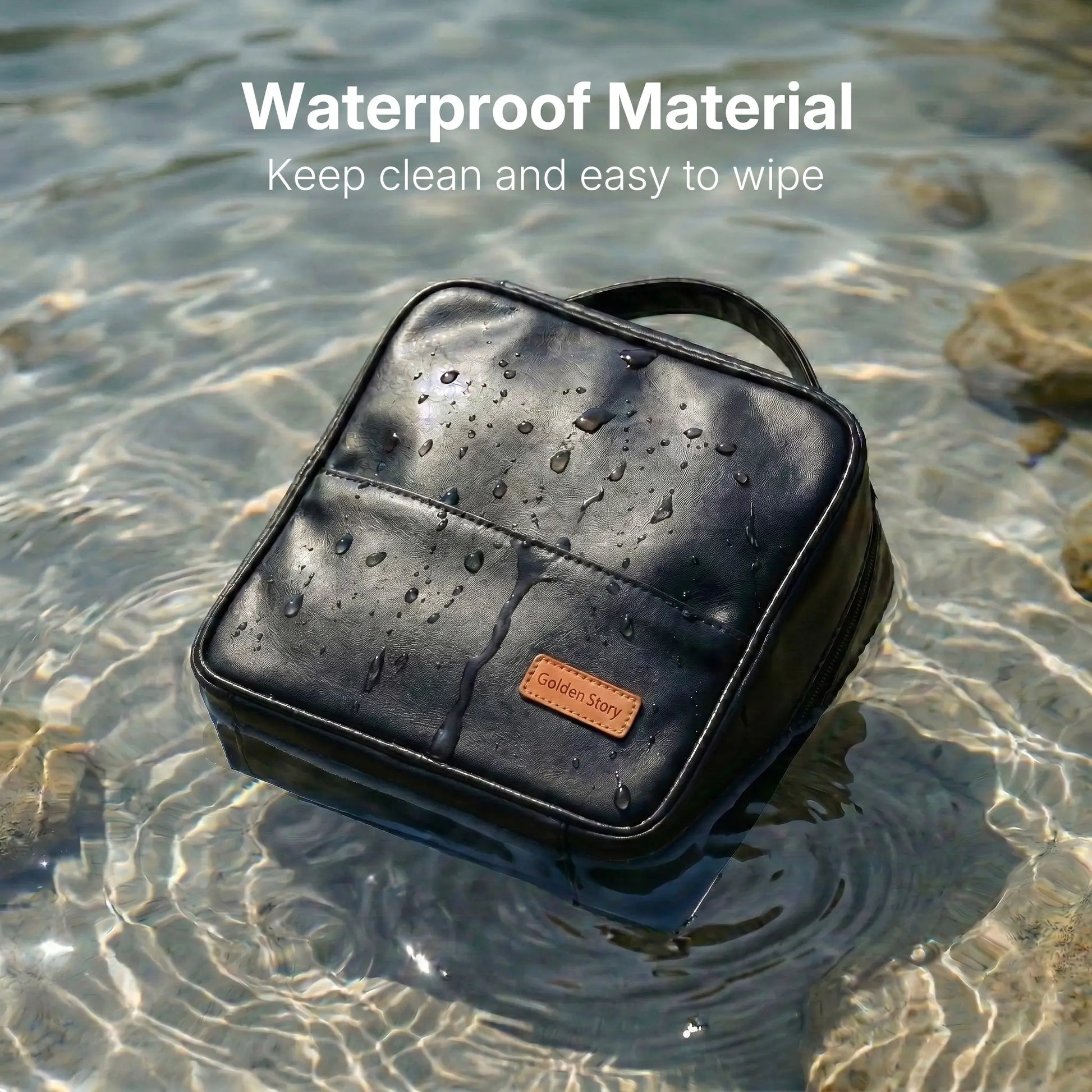 A black Sunday Status makeup bag partially submerged in water with visible droplets, demonstrating the premium waterproof material that is easy to wipe and keep clean