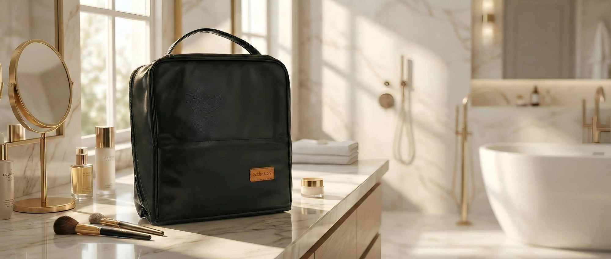A sleek black Sunday Status stand-up makeup bag resting on a sunlit marble bathroom vanity. Elegant makeup brushes and gold skincare bottles sit beside it, showcasing a luxurious and organized morning beauty routine
