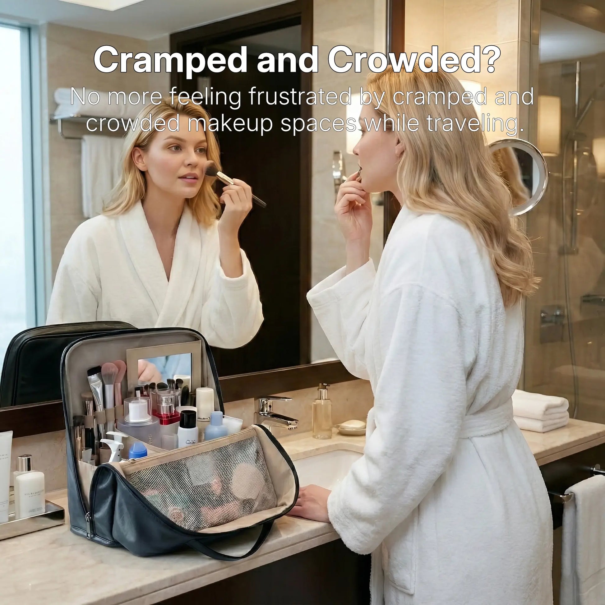 A blonde woman in a white bathrobe applying makeup in front of a mirror in an elegant hotel bathroom. Her open black Sunday Status stand-up travel makeup bag sits conveniently on the marble counter, functioning as a fully organized portable vanity