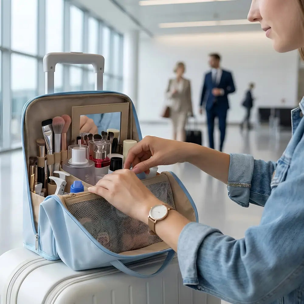 A woman organizing her cosmetics at an airport terminal using an open light blue Sunday Status stand-up travel makeup bag. The portable vanity rests on a white suitcase, displaying neatly arranged upright makeup brushes, skincare bottles, and a built-in mirror