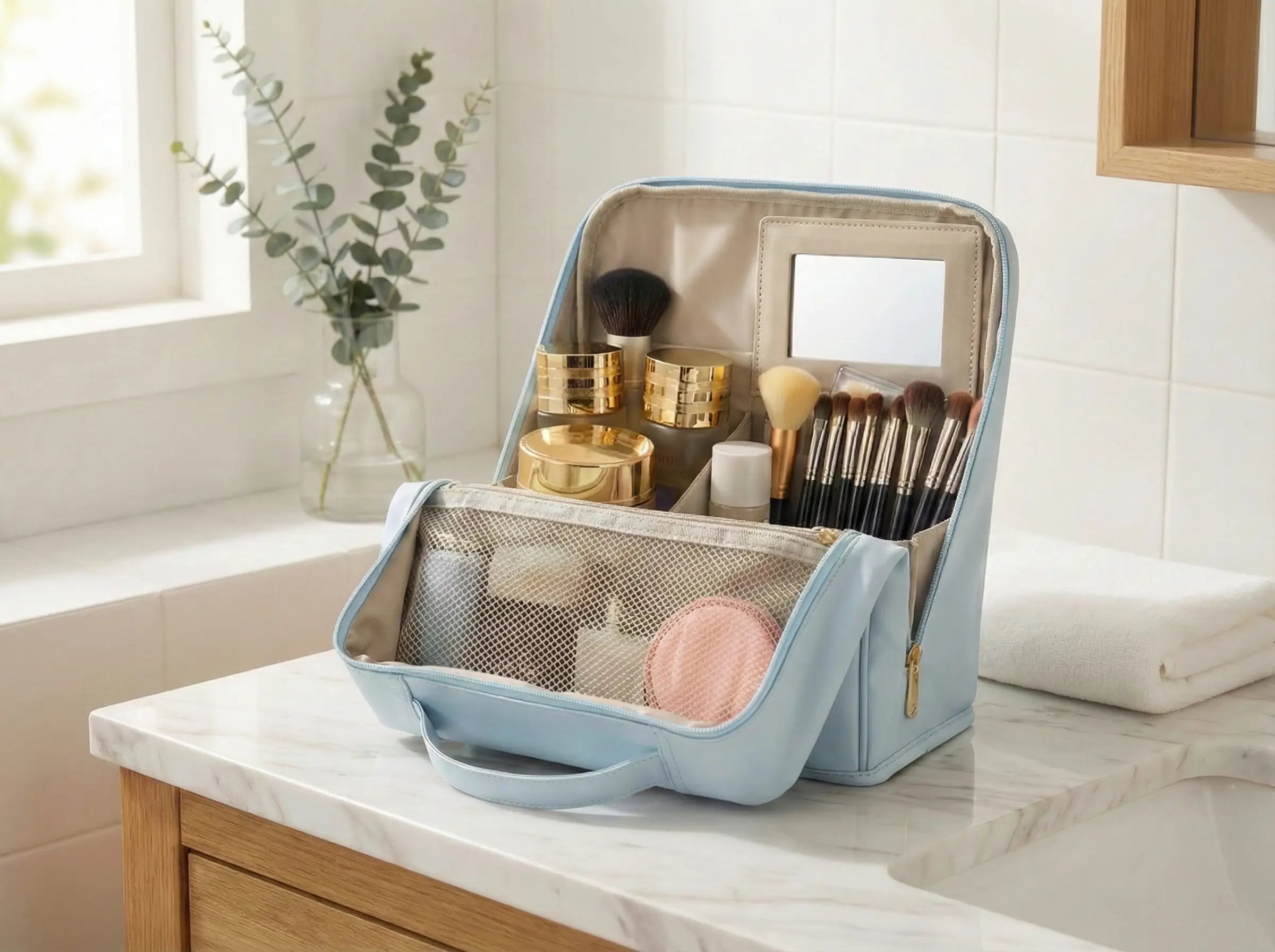 An open light blue Sunday Status travel makeup bag standing upright on a marble bathroom counter, perfectly organized with a built-in mirror, brushes, and skincare bottles