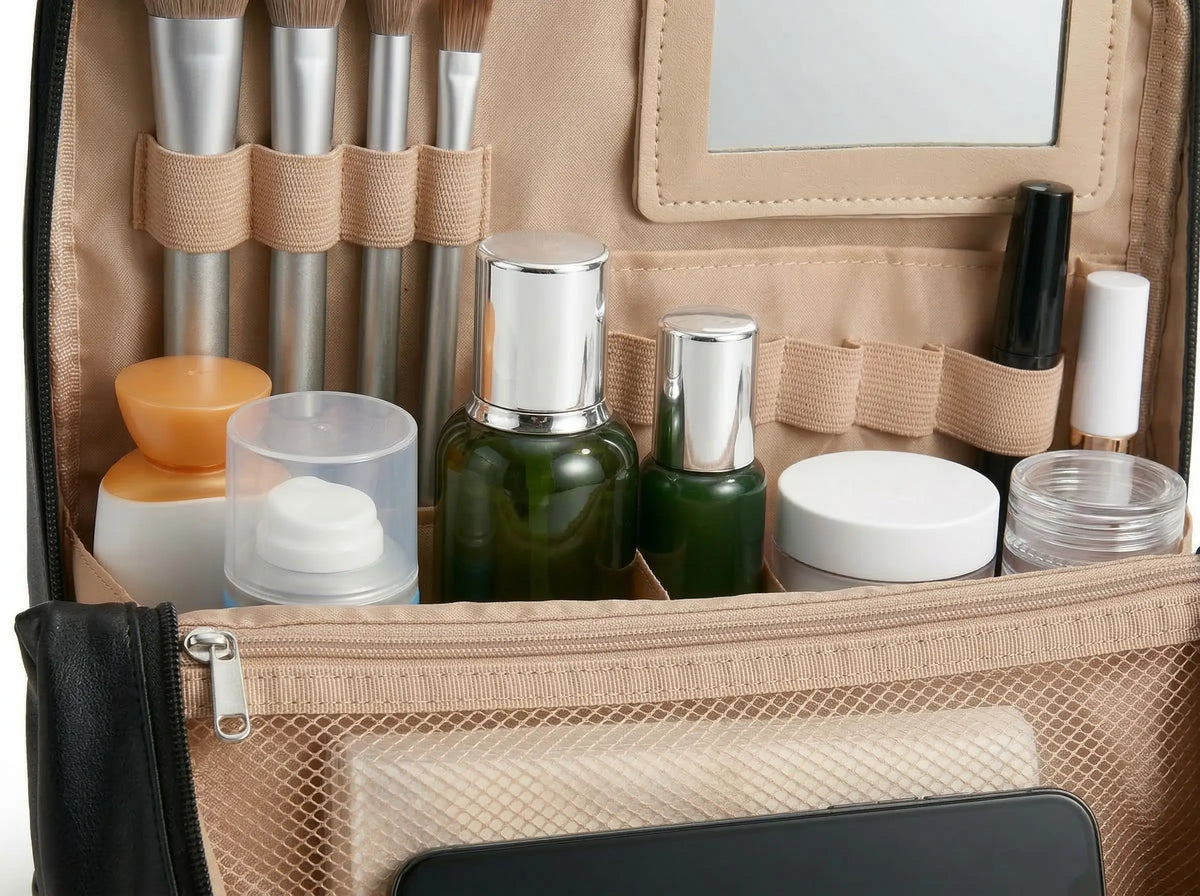 A side-by-side comparison of two Sunday Status makeup bags on a white background: a beige bag shown open in a flat-lay position and a black bag standing upright as a portable vanity, both organized with makeup brushes and skincare bottles