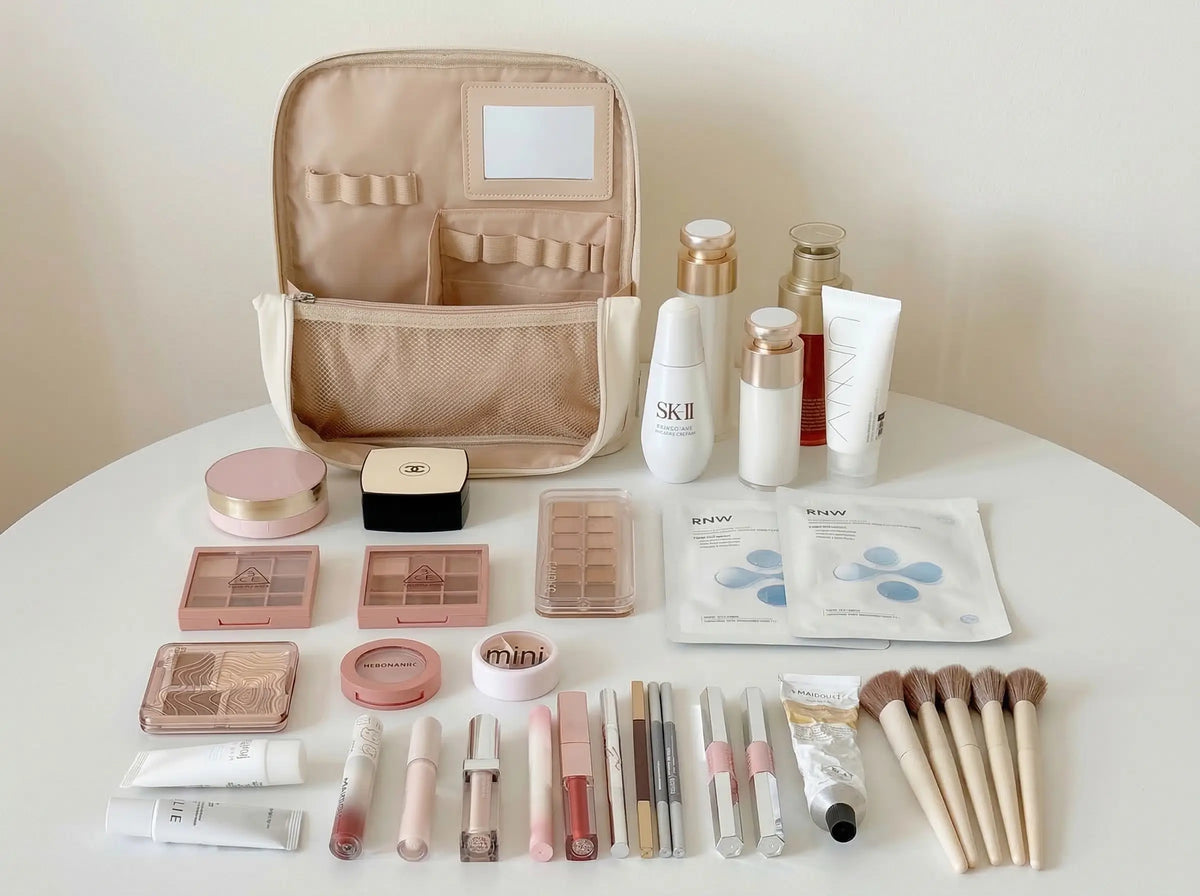 An open white Sunday Status travel makeup bag centered on a luxurious gold silk background, surrounded by an organized flatlay of over 40 beauty essentials, including a full set of makeup brushes, skincare bottles, lipsticks, and palettes, demonstrating its incredible storage capacity