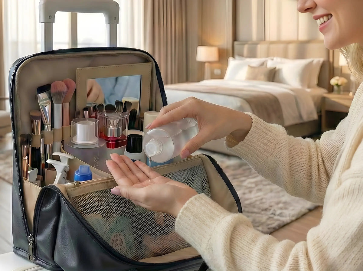 A close-up view of the empty black Sunday Status stand-up makeup bag opened to reveal its thoughtful interior: a built-in mirror, elastic slots for brushes, multiple compartments, and a mesh zipper pocket for small essentials