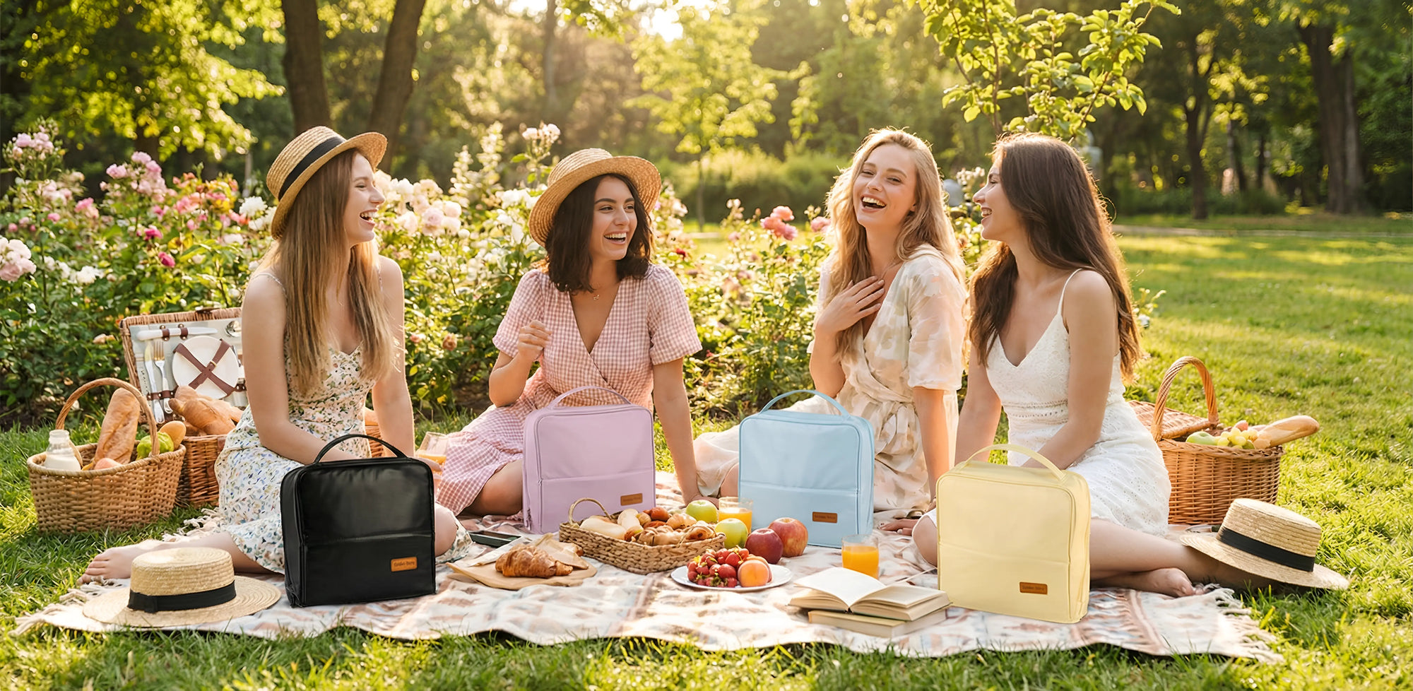 Four happy young women enjoying an outdoor picnic on a sunny day in a park, with four colorful Sunday Status stand-up travel makeup bags (black, purple, light blue, and yellow) placed on the picnic blanket among fruits and snacks