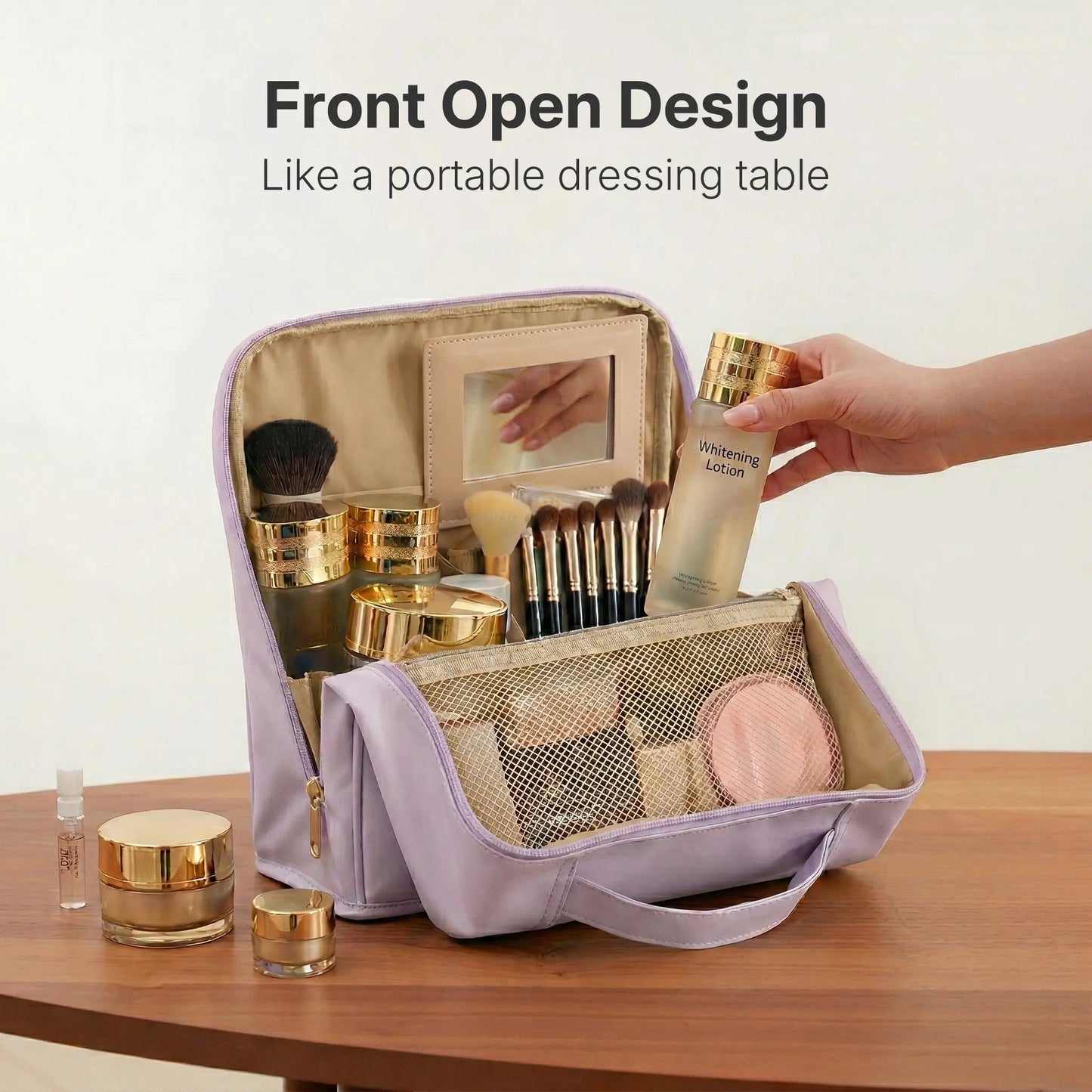 An open purple Sunday Status makeup bag revealing its portable dressing table design with organized slots for skincare bottles, brushes, and a built-in mirror