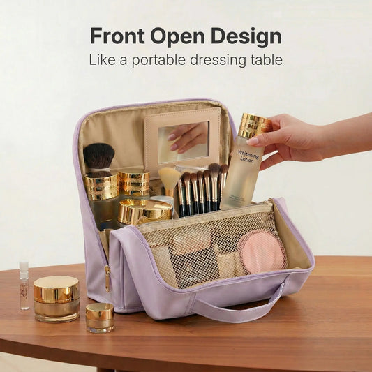 An open purple Sunday Status makeup bag revealing its portable dressing table design with organized slots for skincare bottles, brushes, and a built-in mirror