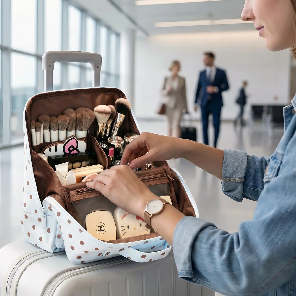 Traveler using an open Artist Vanity makeup and brush organizer on rolling luggage at the airport