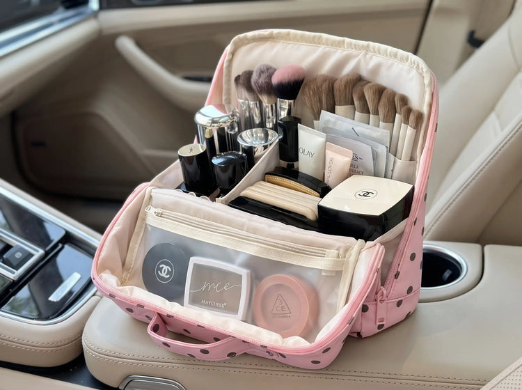 Open Soft Rose Artist Vanity with a complete makeup kit arranged in view