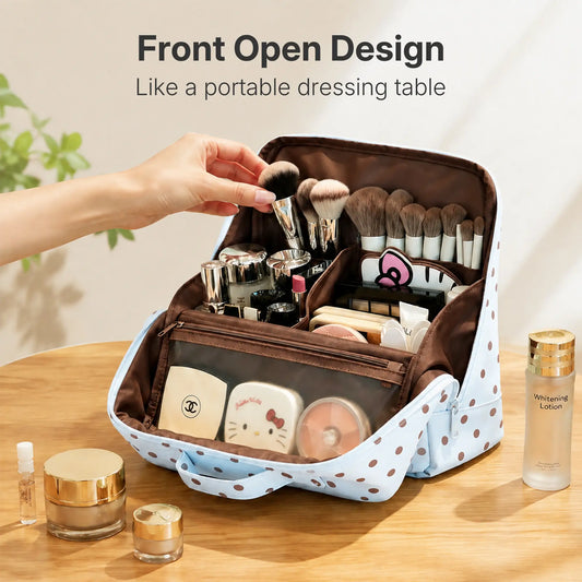 Open Sky Blue Artist Vanity with divided makeup storage and dedicated brush rows