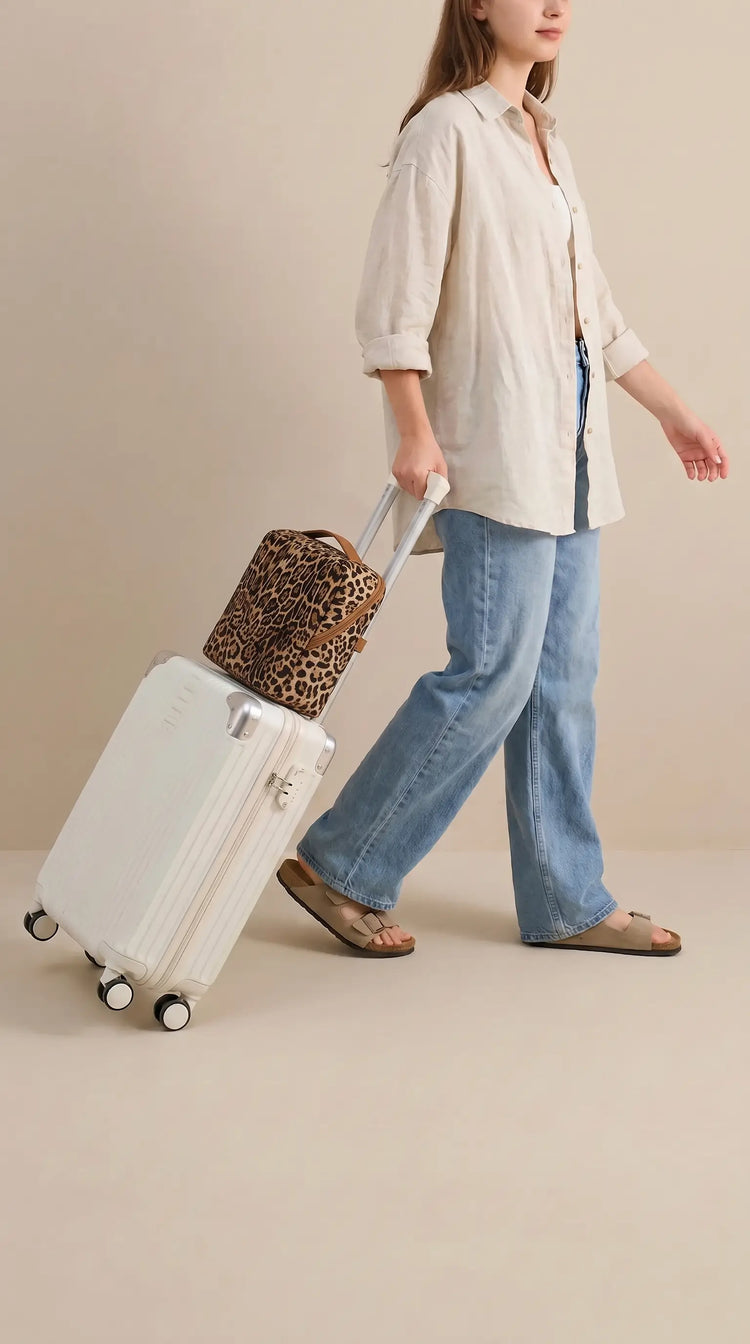 Traveler with the Wild Leopard Essential Vanity attached to white rolling luggage