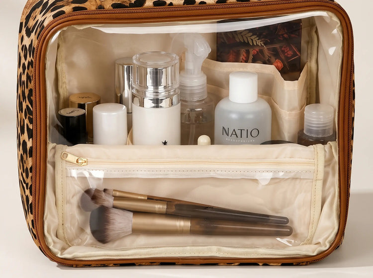 Open Wild Leopard Essential Vanity with compact divided storage and a clear front pocket