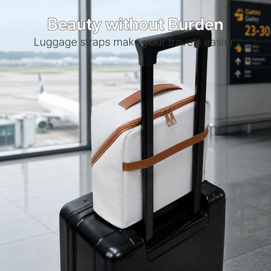 Moonlight Essential Vanity secured to rolling luggage with its rear trolley sleeve