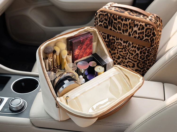 Open Essential Vanity giving fast access to upright bottles, brushes and makeup
