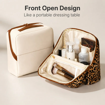Open Wild Leopard and Moonlight Essential Vanity bags with visible sections and clear zip pockets