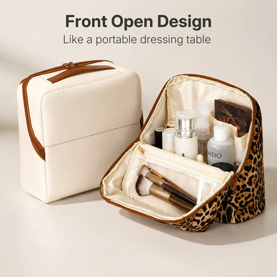 Open Wild Leopard and Moonlight Essential Vanity bags with visible sections and clear zip pockets