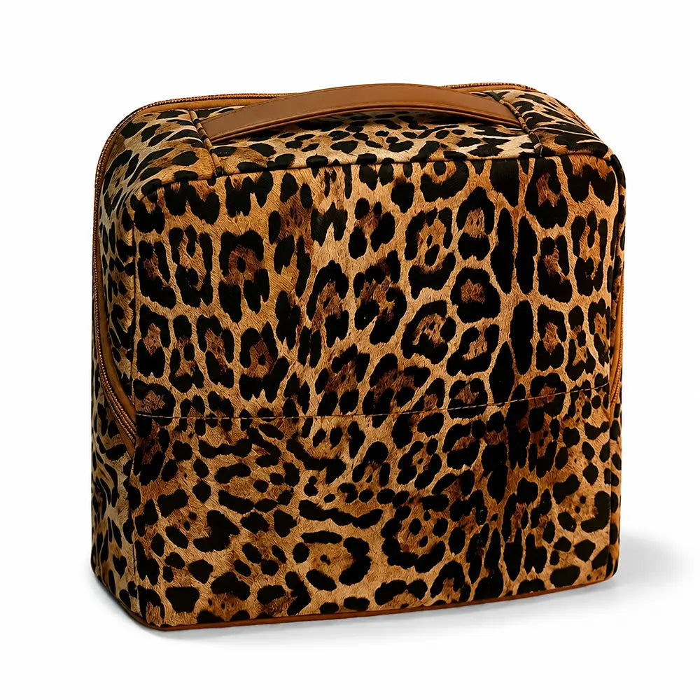 Wild Leopard SundayStatus Essential Vanity mini travel makeup bag, front view