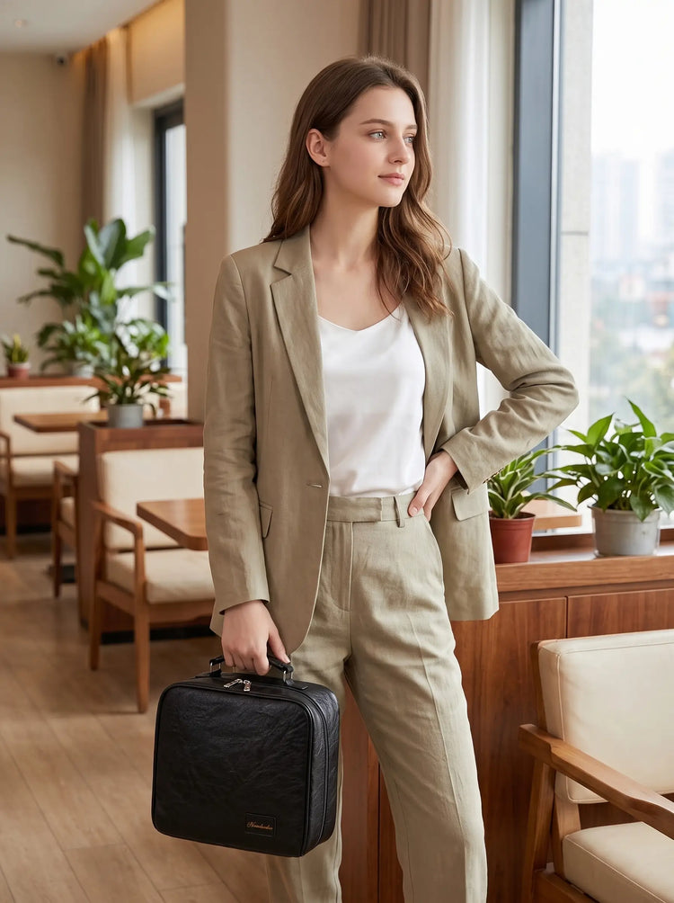 Woman carrying the Midnight Black Grand Vanity in a travel-ready lifestyle setting