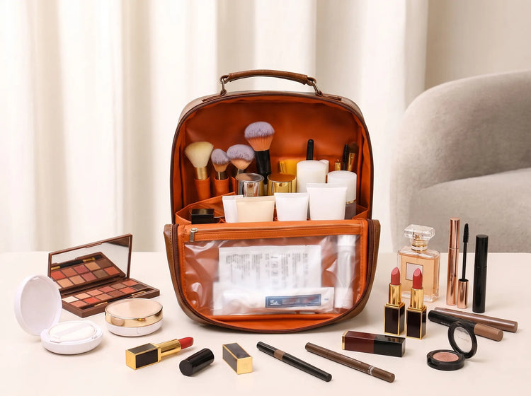 Cocoa Grand Vanity open beside a complete collection of skincare, makeup and brushes