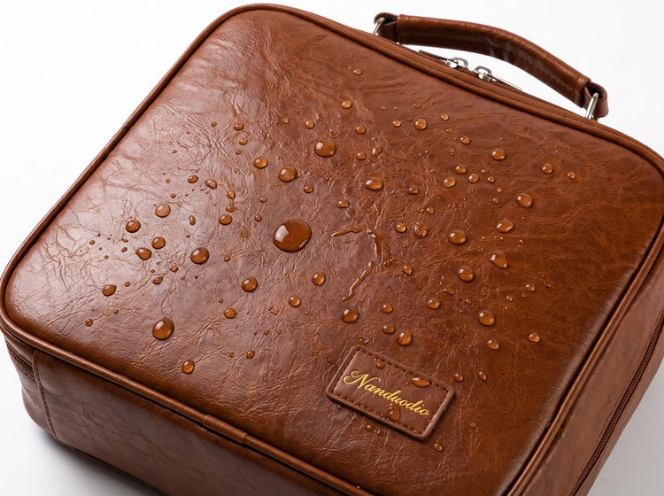 Water droplets on the richly grained Cocoa Grand Vanity polyurethane exterior