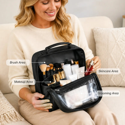Open Midnight Black Grand Vanity with divided storage for bottles, brushes, makeup and grooming tools