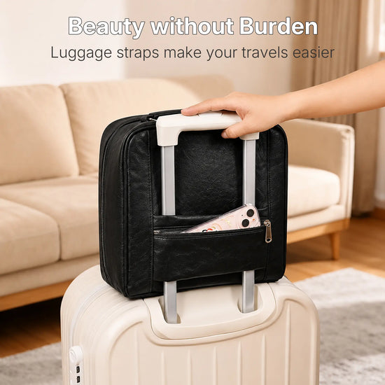Midnight Black Grand Vanity secured to rolling luggage with its rear trolley sleeve