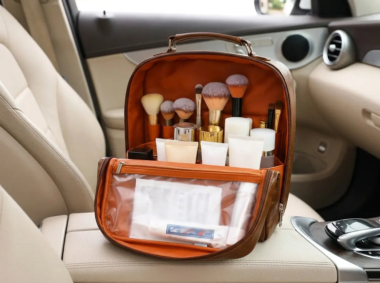 Open Cocoa Grand Vanity keeping a full skincare and makeup routine visible in a car
