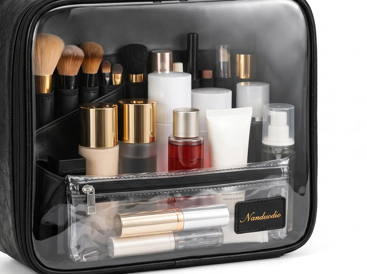 Open Midnight Black Grand Vanity with bottles, brushes and makeup visible in divided sections