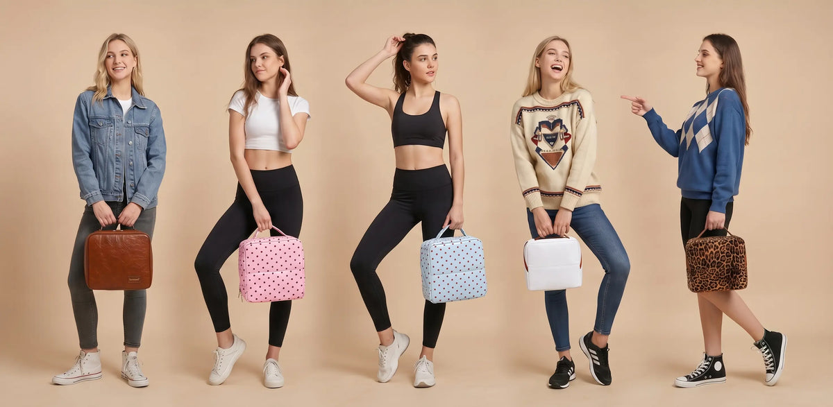 Women carrying the SundayStatus travel vanity collection in different sizes and styles